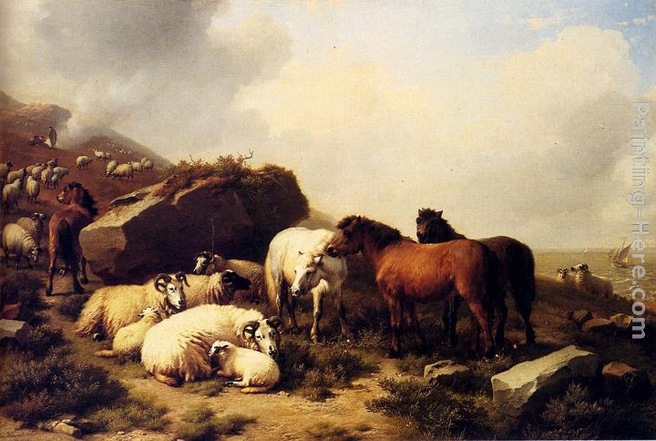 Horses And Sheep By The Coast painting - Eugene Verboeckhoven Horses And Sheep By The Coast art painting
